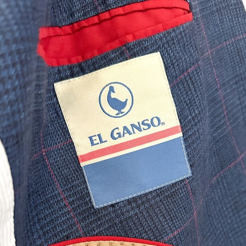 El Ganso Mens Blue Plaid Blazer Sport‎ Coat Red Elbow Patches Two Button